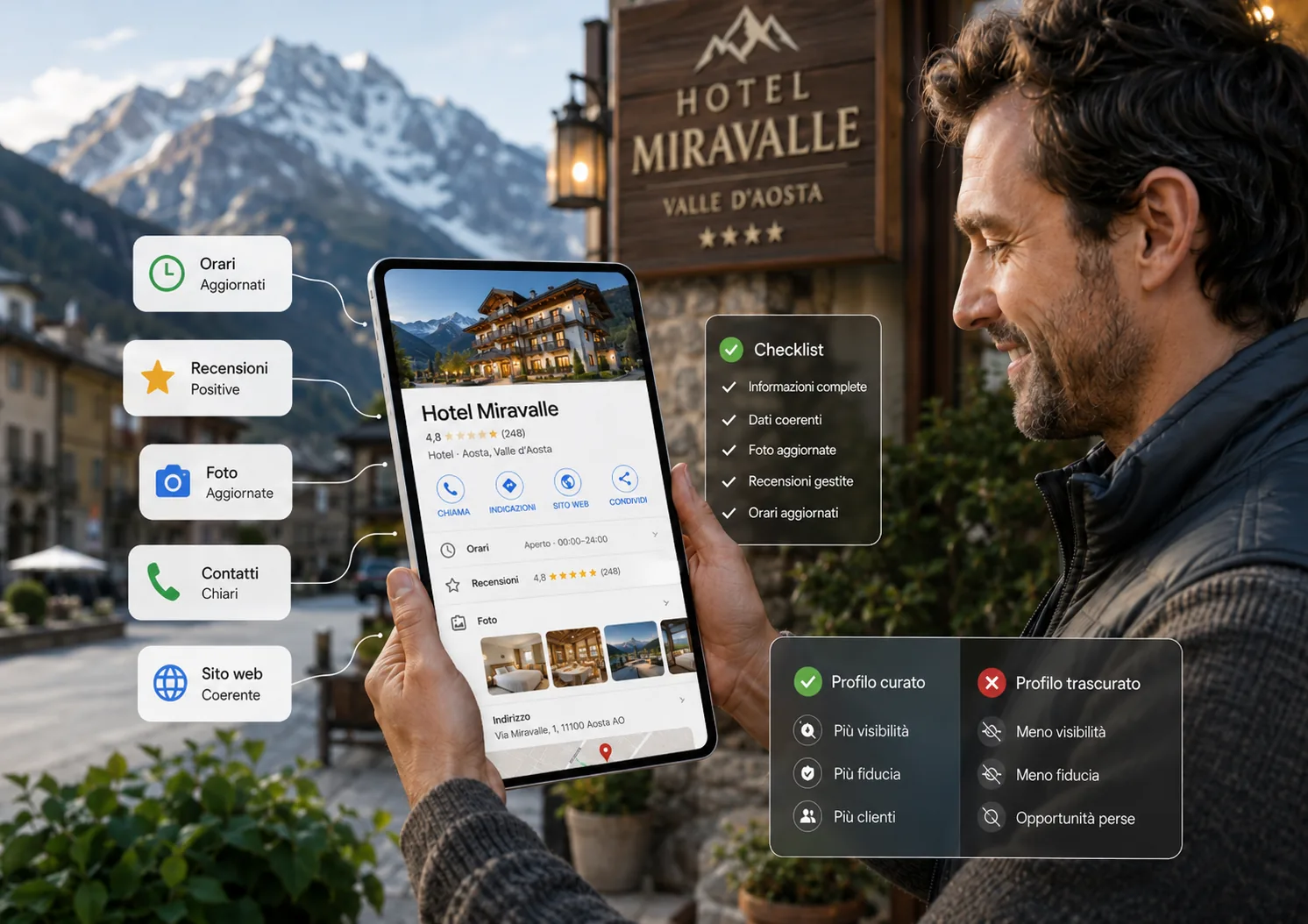 Titolare di un hotel in Valle d'Aosta controlla la scheda Google Business Profile della sua struttura su un tablet, con i punti chiave da curare e il confronto tra profilo curato e trascurato