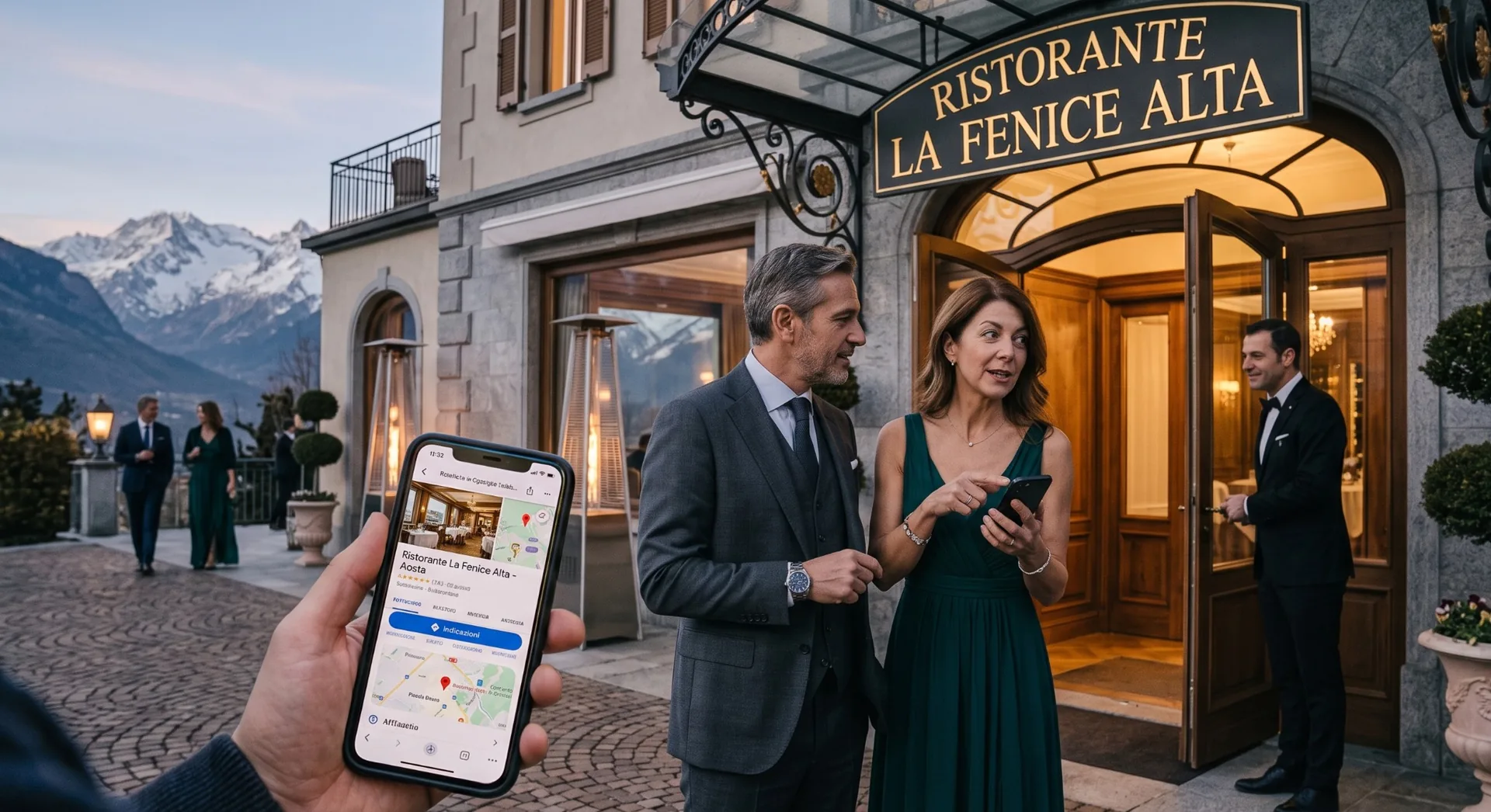 Cliente consulta la scheda Google di un ristorante in Valle d'Aosta dallo smartphone prima di entrare